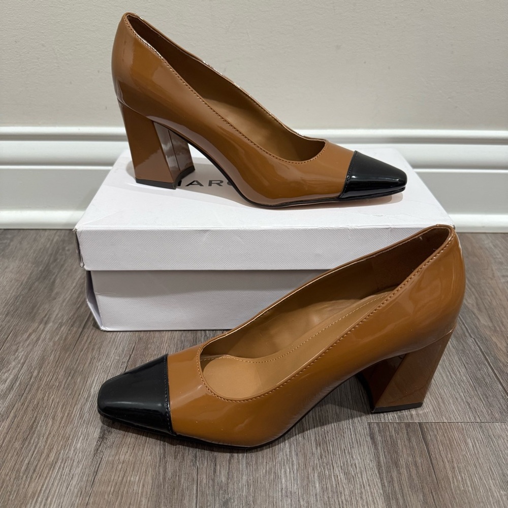 Marc Fisher Kapila Toe Cap Brown Black Patent Leather Block Pump Heels - Picture 2 of 11